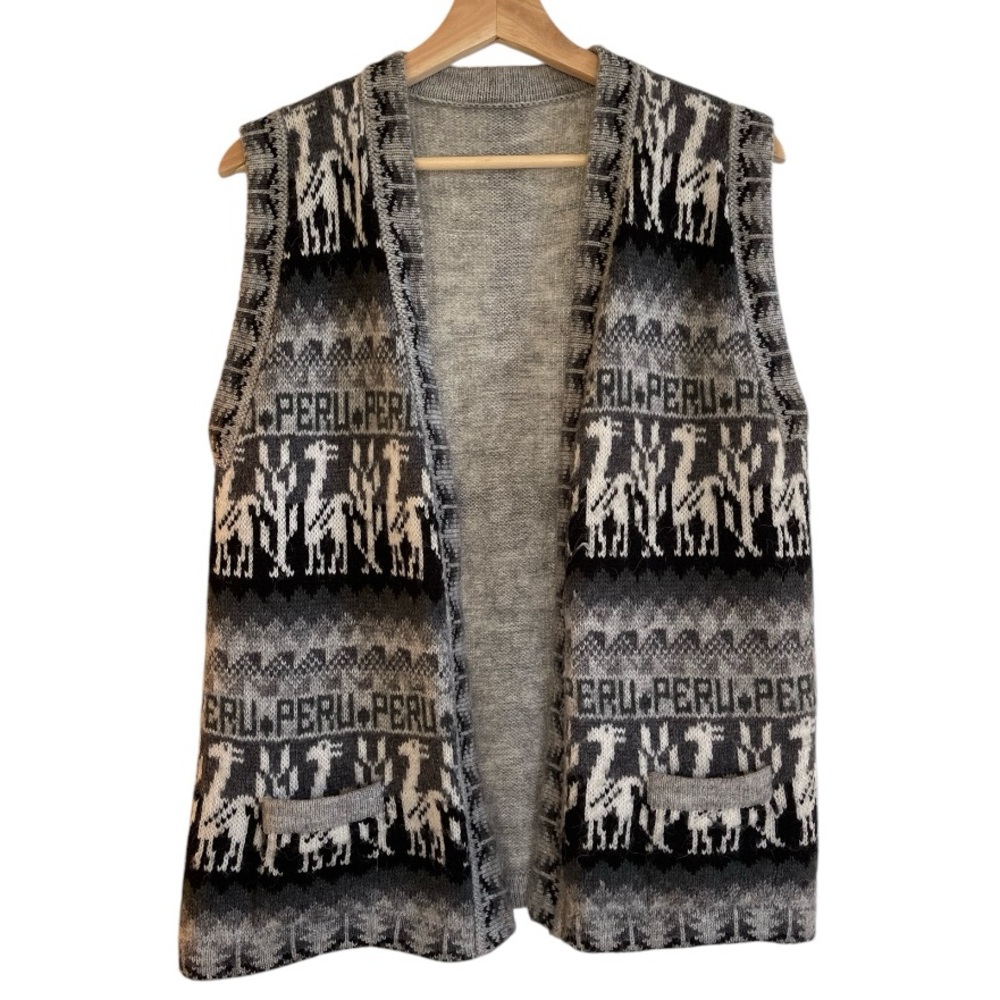 Peru Peruvian Gray Black White Alpaca Wool Open Front Sweater Vest